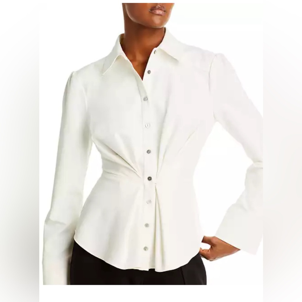 NWT CINQ À SEPT Isabel cinched waist ruched collared shirt top off-white